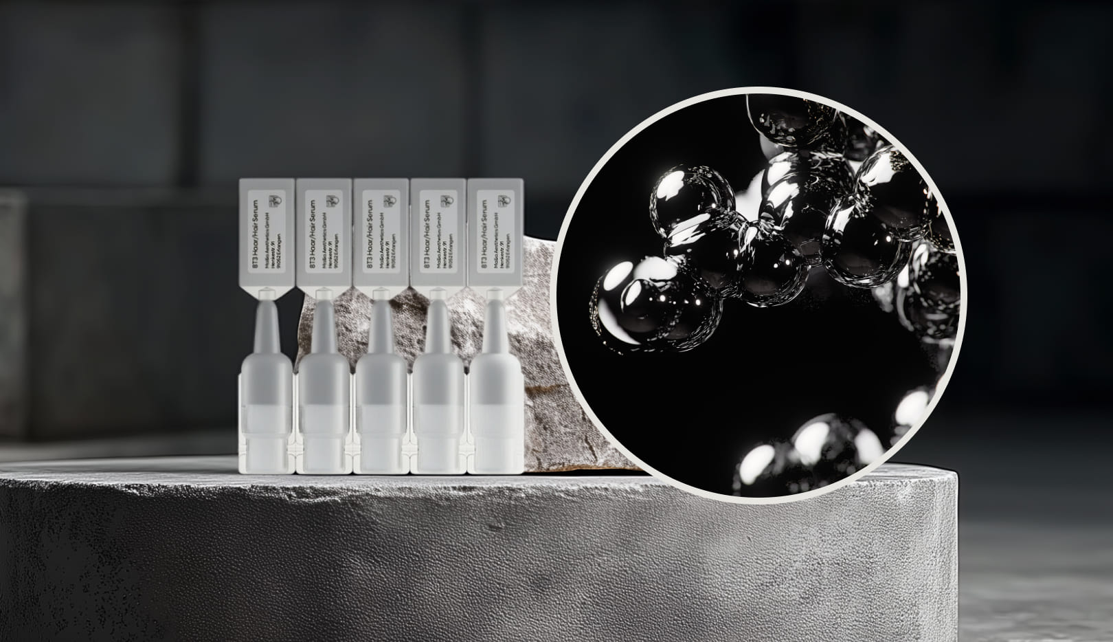 Row of transparent hair serum ampoules on a stone pedestal, with a round overlay of a shiny molecule rendering