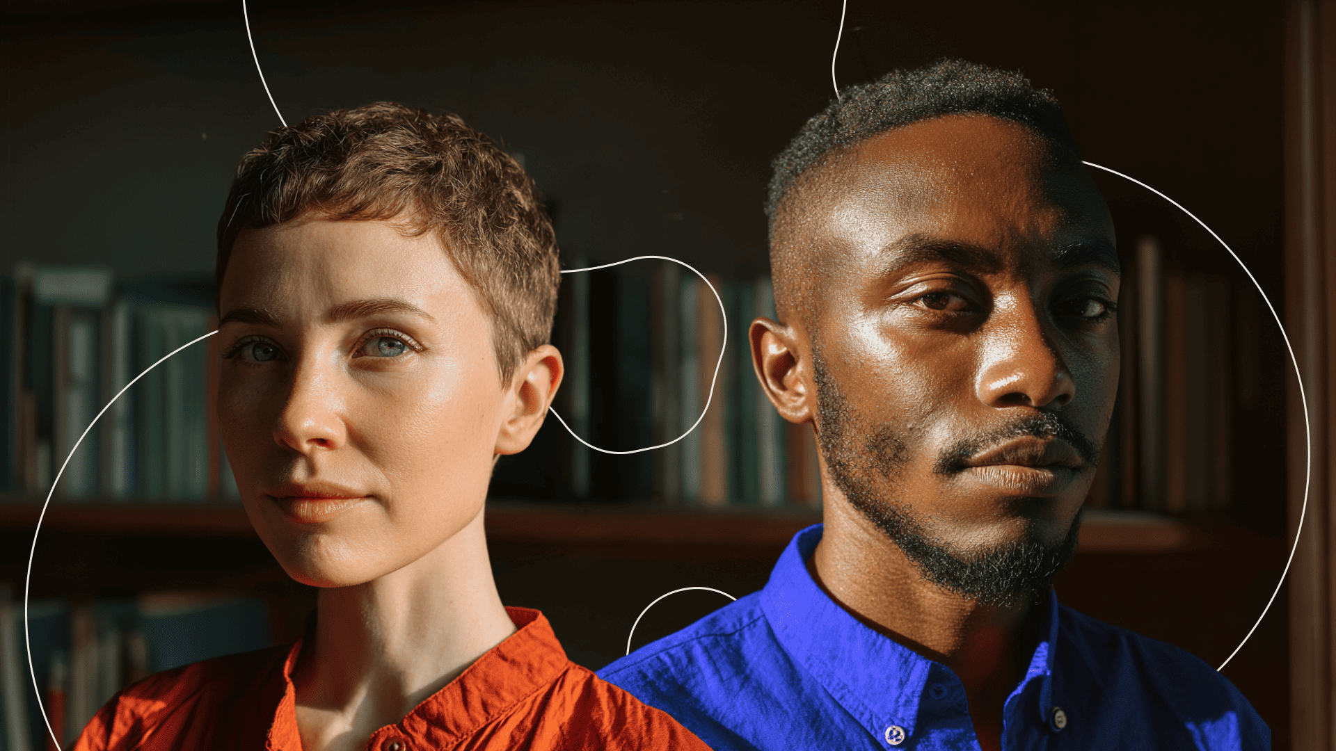 Porträt zweier Personen vor Bücherregal mit grafischen Linien als Designelement