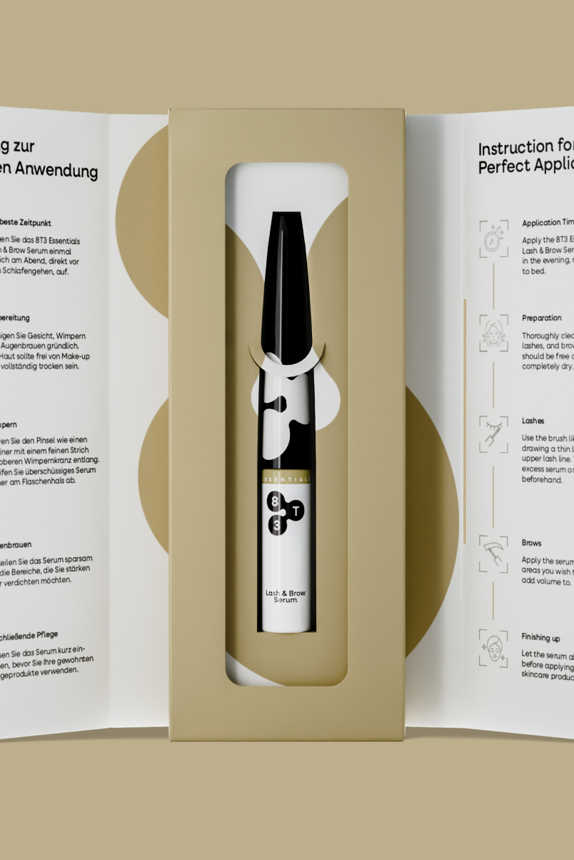 Opened packaging with 8T3 Lash & Brow Serum and bilingual step-by-step instructions