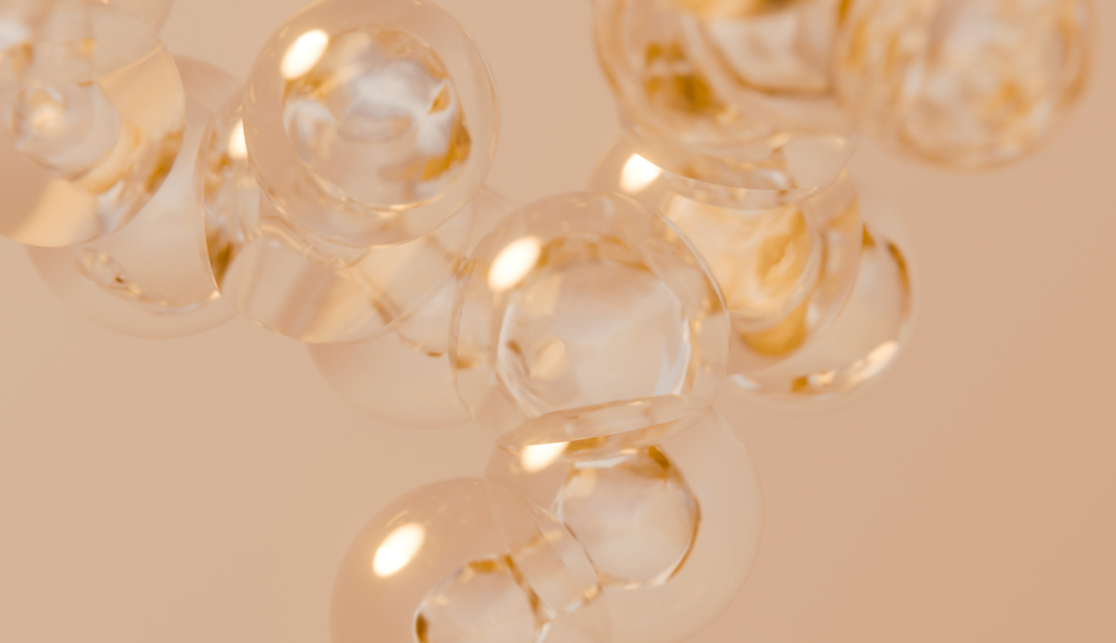 Gold-transparente, kugelige Molekülstruktur auf beigefarbenem Hintergrund – abstrakte Visualisierung der 8T3 Wirkstoffbasis