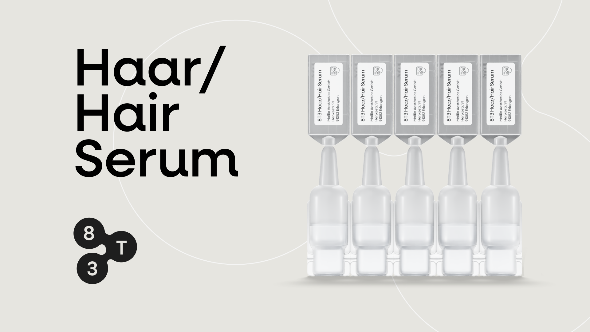 Product image of 8T3 hair serum ampoules with “Haar/Hair Serum” text