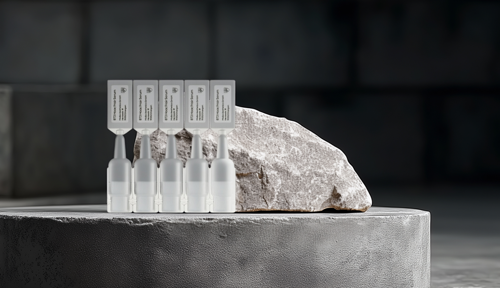 8T3 Haar-Serum Ampullen auf steinernem Podest – hochwertige Formulierung für dichteres Haarwachstum