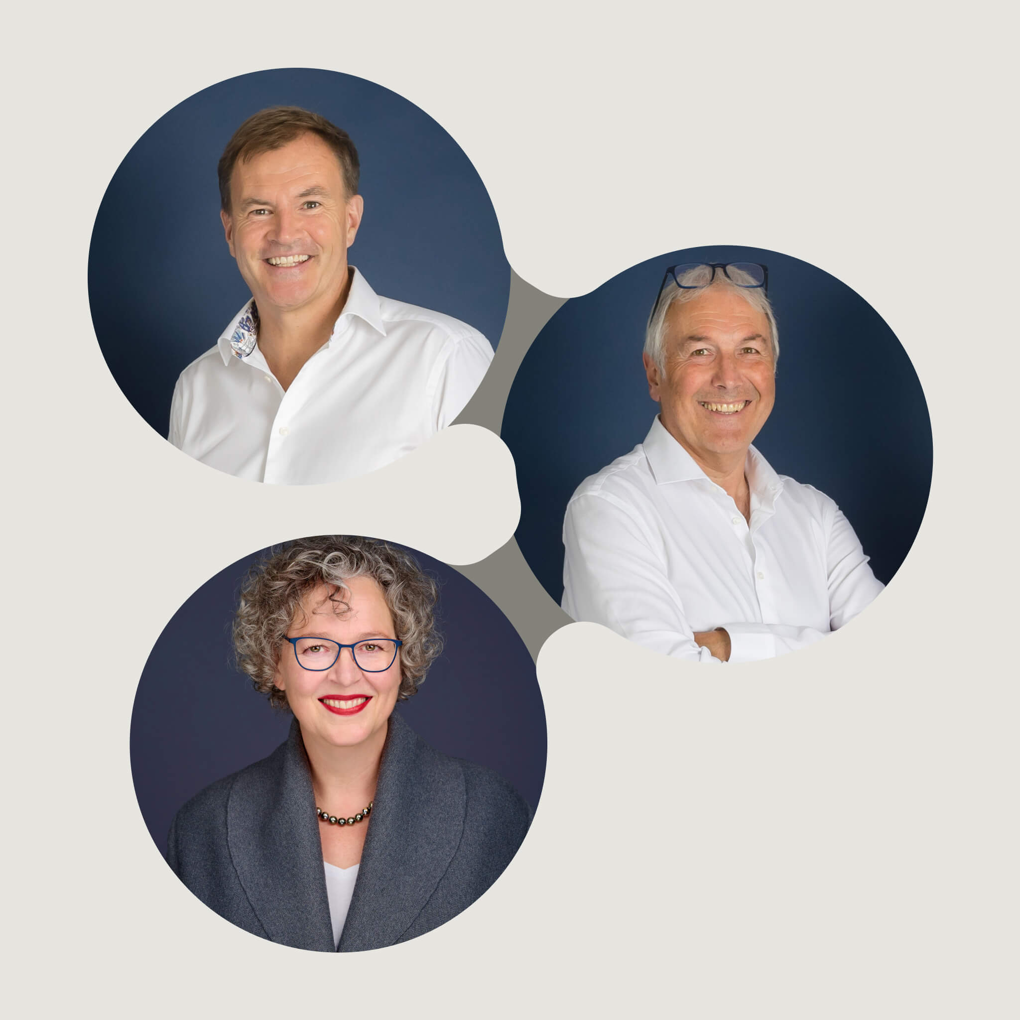 Three portrait photos in connected circles on a light background (team overview)