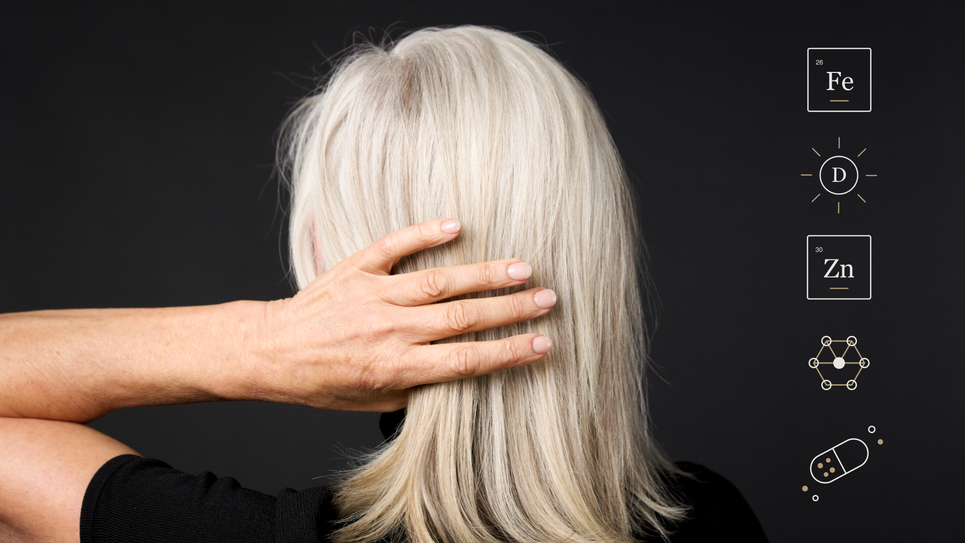 Rückansicht einer Frau mit silbergrauem Haar, daneben Symbole für Eisen, Vitamin D, Zink, Biotin und Nahrungsergänzung als Nährstoffe fürs Haarwachstum