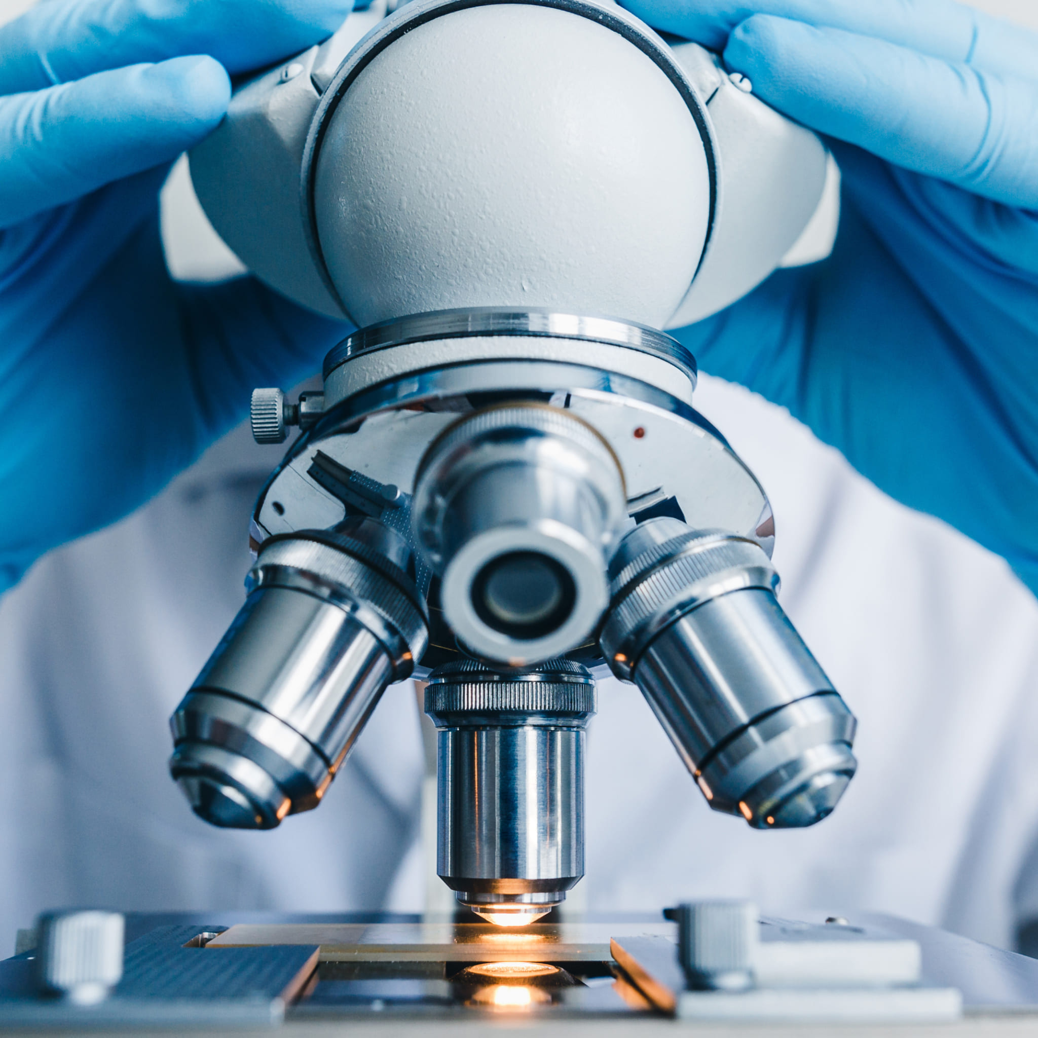 Close-up of a microscope with illuminated objective lens; gloved hands adjusting