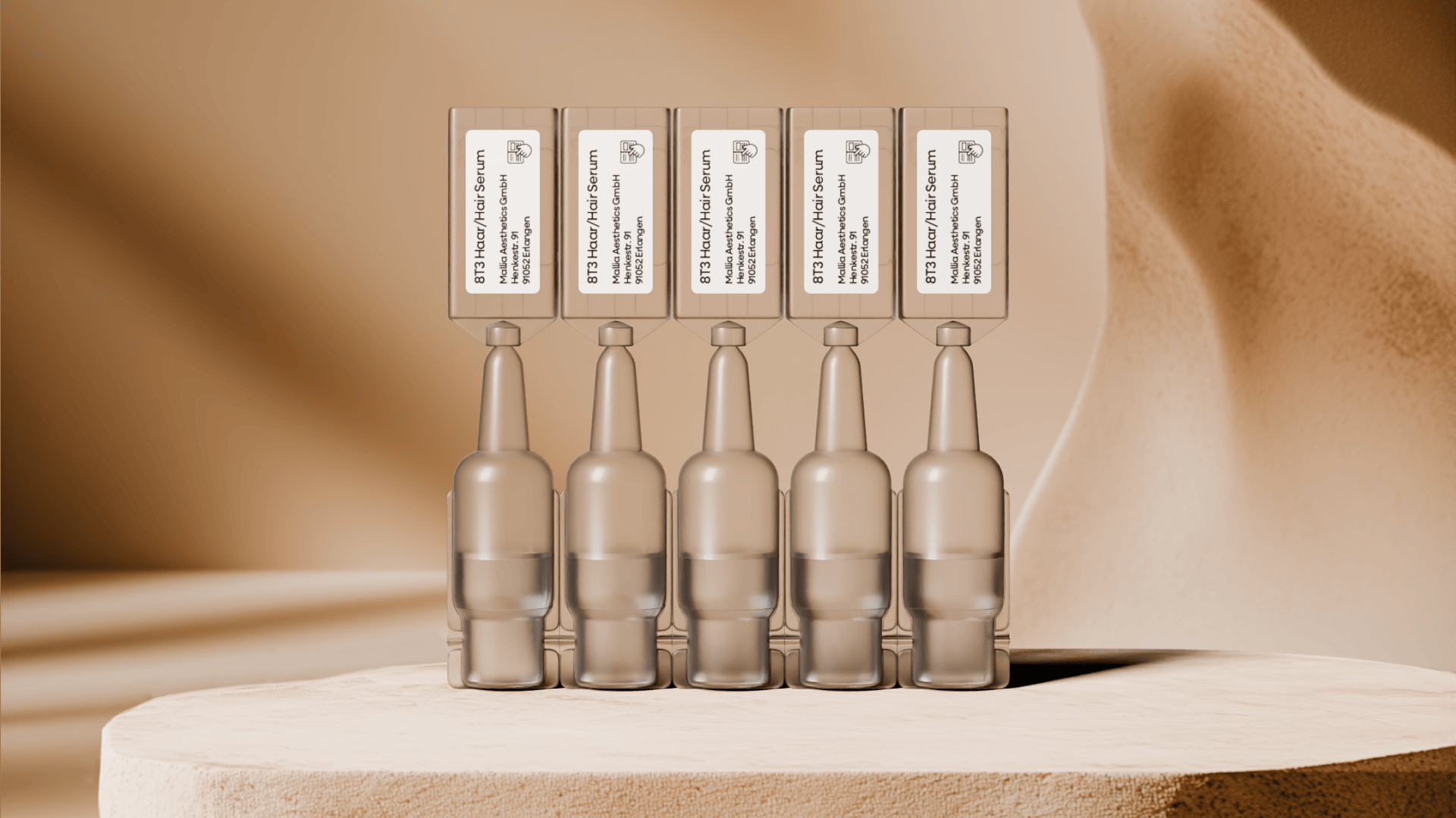 Five hair serum ampoules on a light pedestal against a beige background.
