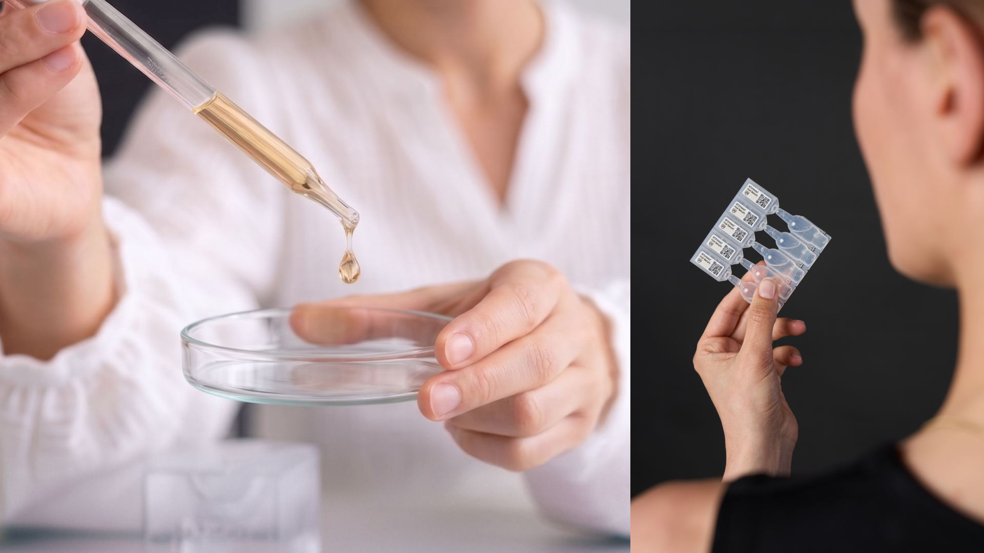 Frau mit einer Pipette und dem 8T3 Essentials Haar Serum in der Hand