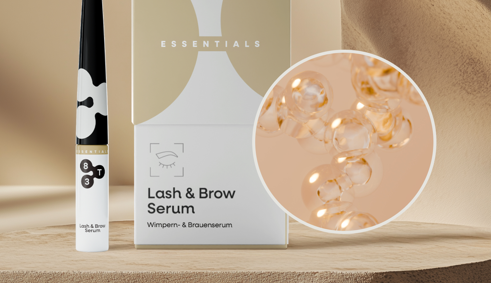 Packaging and bottle of 8T3 Lash & Brow Serum; round insert shows a close-up of a golden shimmering molecule.